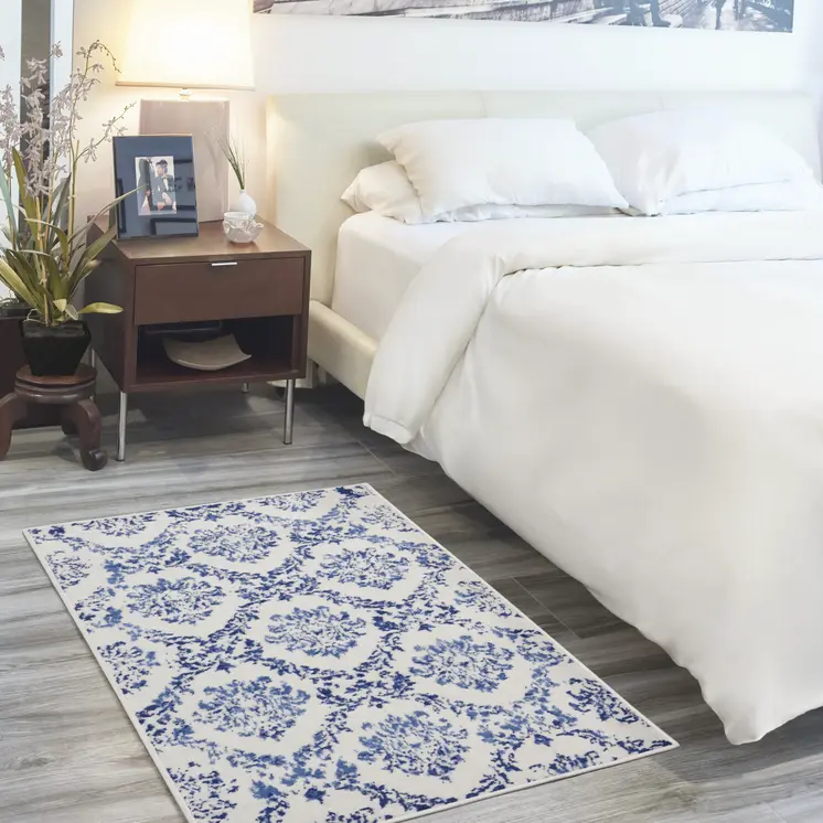 3' X 5' Ivory and Navy Blue Damask Distressed Area Rug