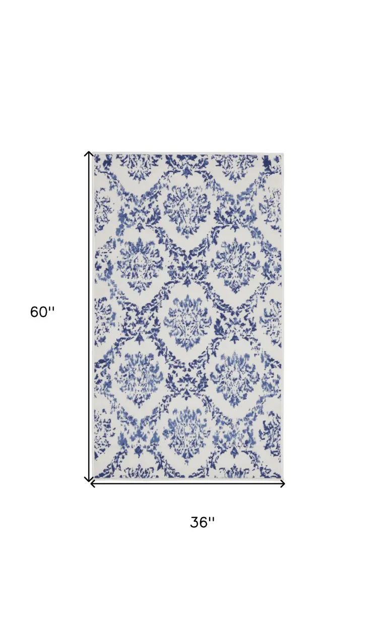 3' X 5' Ivory and Navy Blue Damask Distressed Area Rug