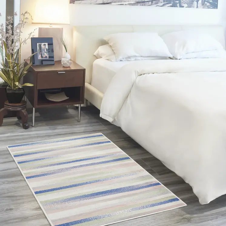 3' X 5' Ivory Tan and Blue Striped Area Rug