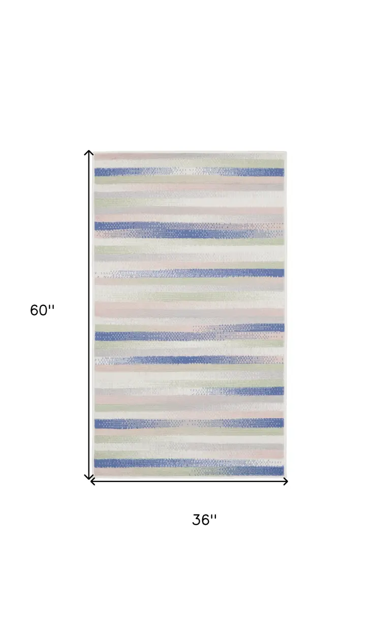 3' X 5' Ivory Tan and Blue Striped Area Rug