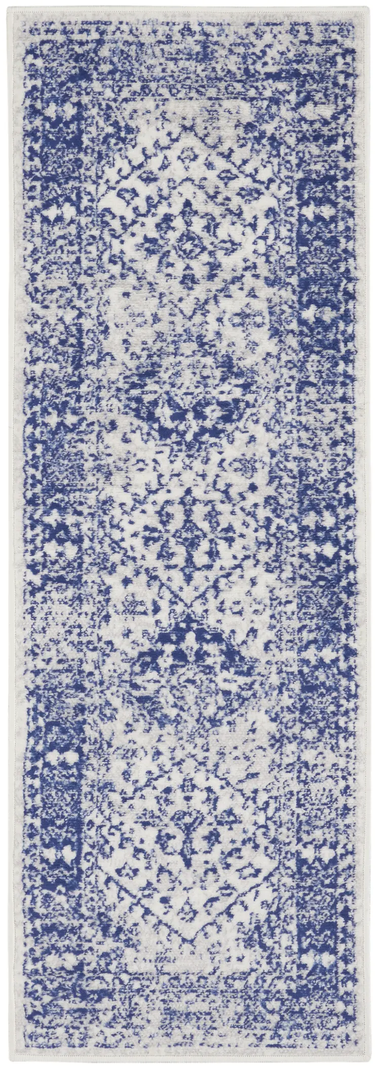 6' Ivory and Navy Blue Geometric Distressed Runner Rug