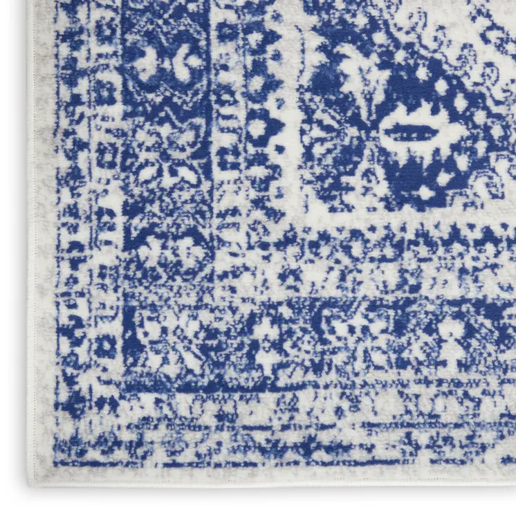6' Ivory and Navy Blue Geometric Distressed Runner Rug