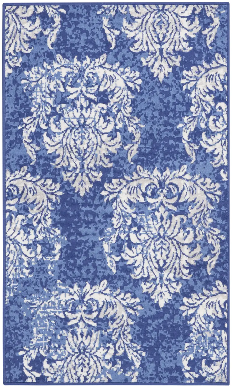 3' X 5' Navy Blue and Ivory Damask Distressed Area Rug