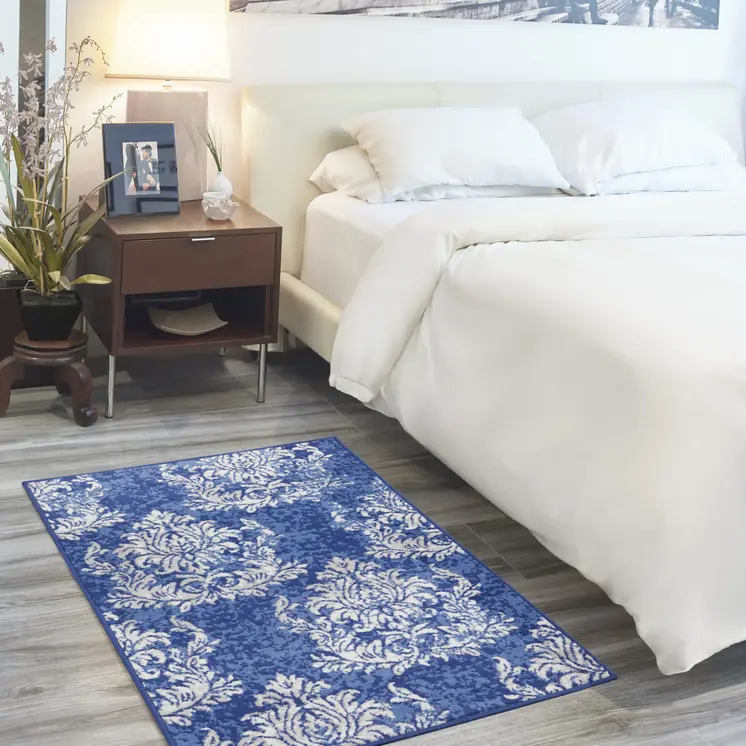 3' X 5' Navy Blue and Ivory Damask Distressed Area Rug