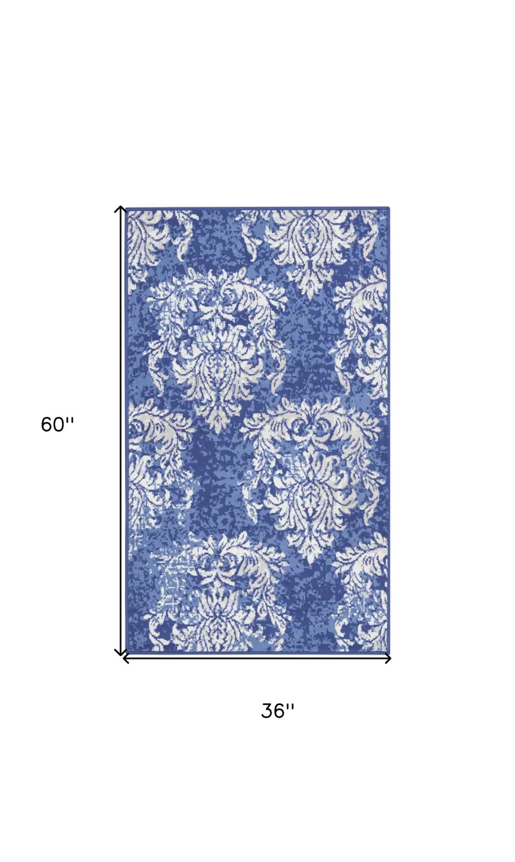 3' X 5' Navy Blue and Ivory Damask Distressed Area Rug