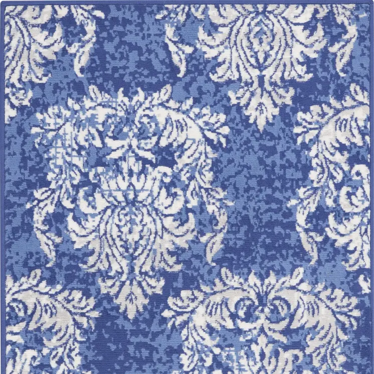 3' X 5' Navy Blue and Ivory Damask Distressed Area Rug