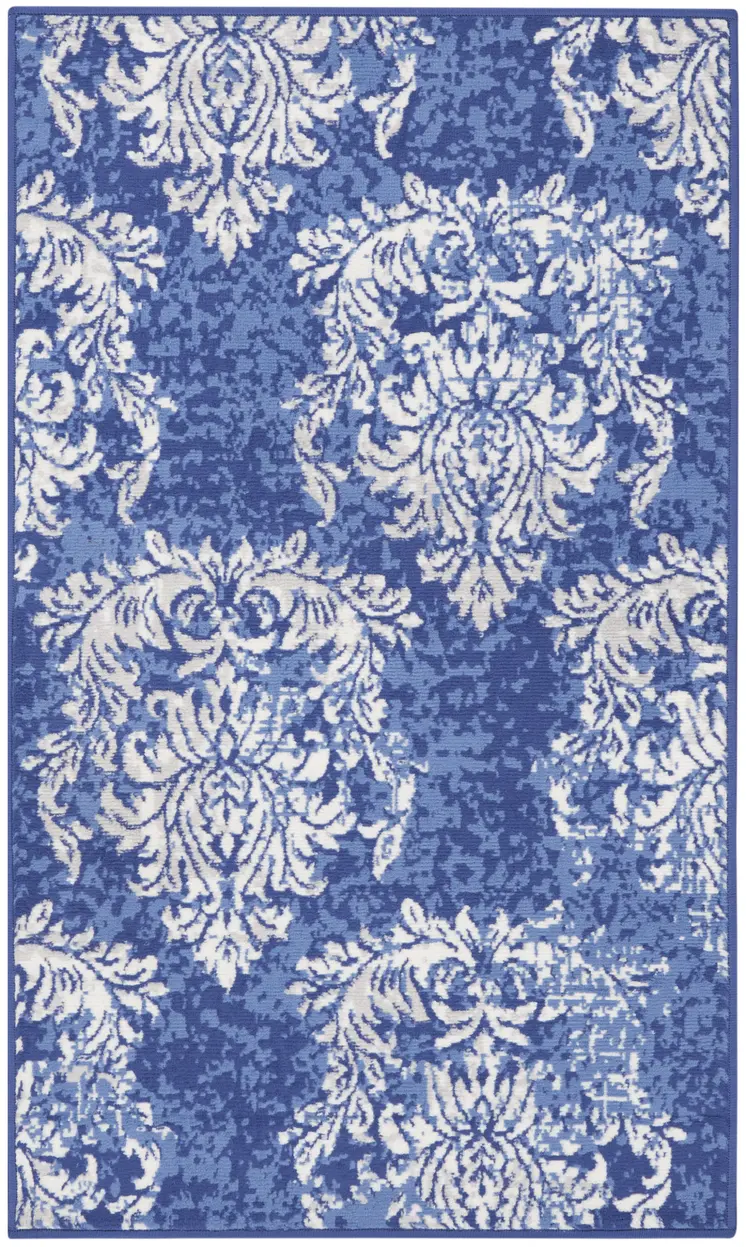 3' X 5' Navy Blue and Ivory Damask Distressed Area Rug