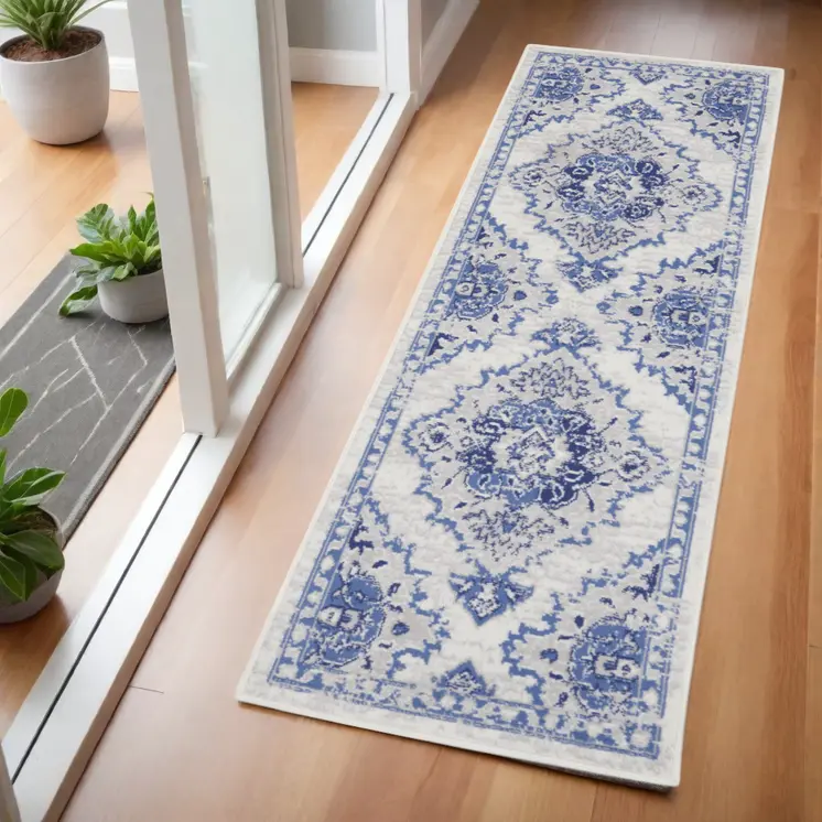 6' Ivory and Blue Floral Medallion Runner Rug