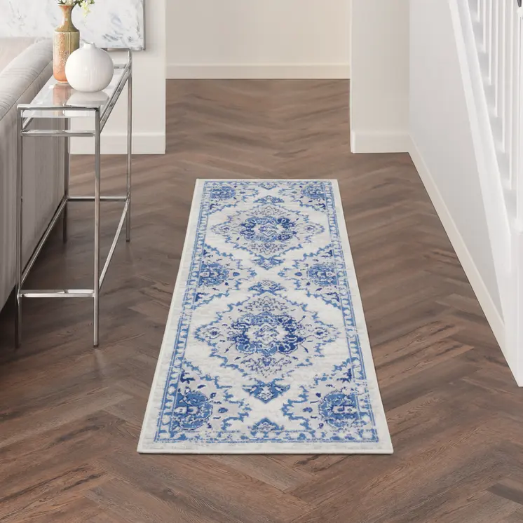 6' Ivory and Blue Floral Medallion Runner Rug