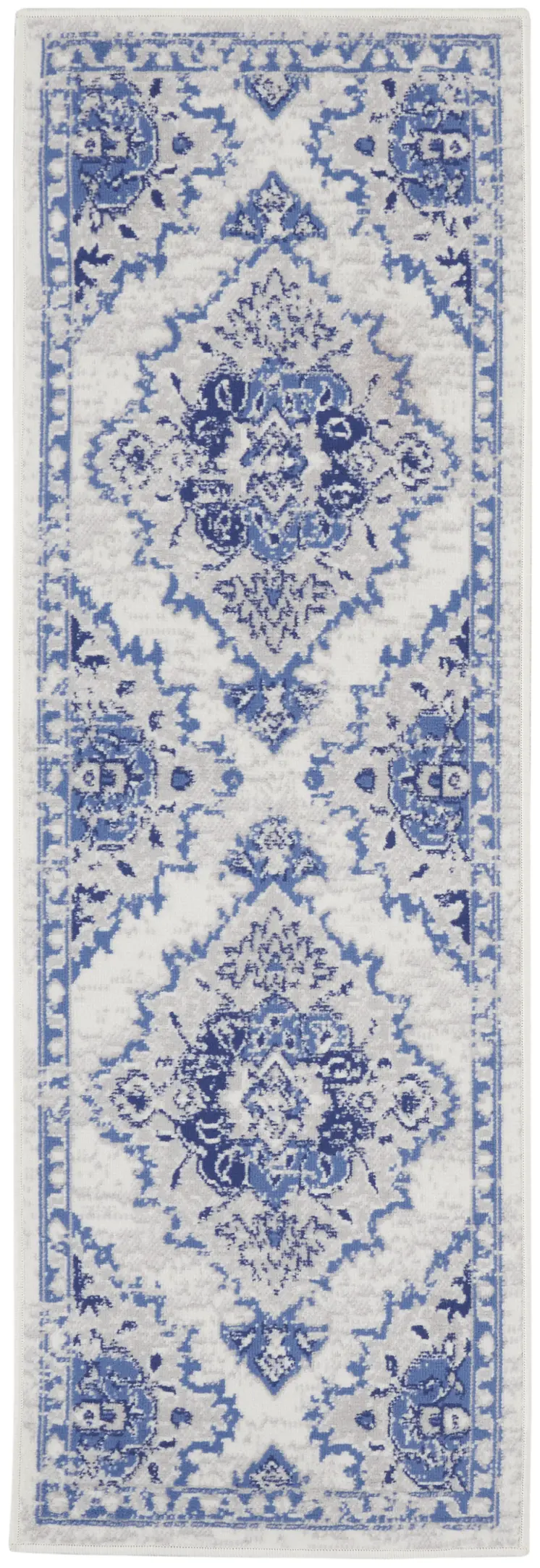 6' Ivory and Blue Floral Medallion Runner Rug
