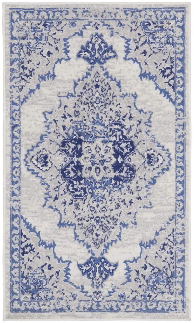 3' X 5' Ivory and Blue Medallion Area Rug