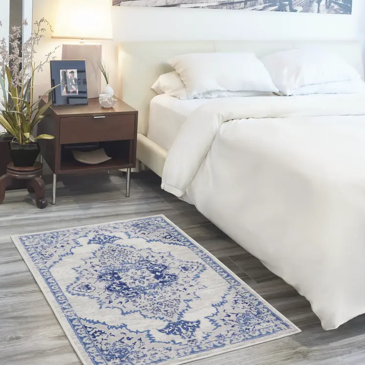 3' X 5' Ivory and Blue Medallion Area Rug