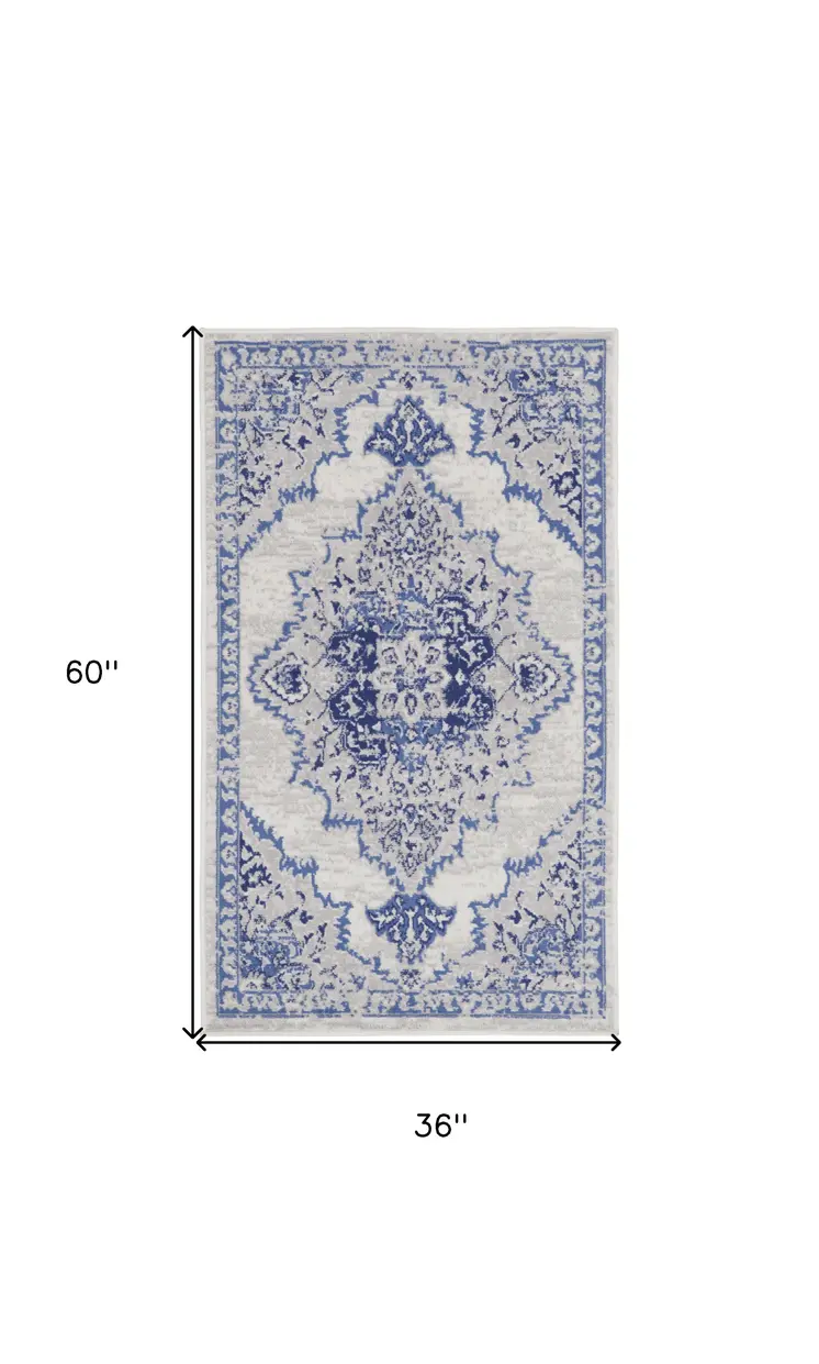 3' X 5' Ivory and Blue Medallion Area Rug
