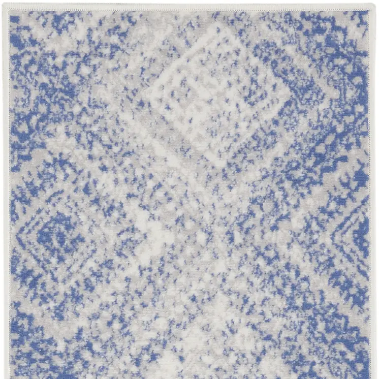 6' Blue and Ivory Geometric Distressed Runner Rug
