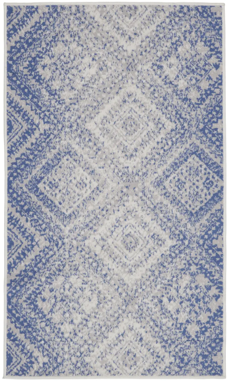 3' X 5' Blue and Ivory Geometric Distressed Area Rug