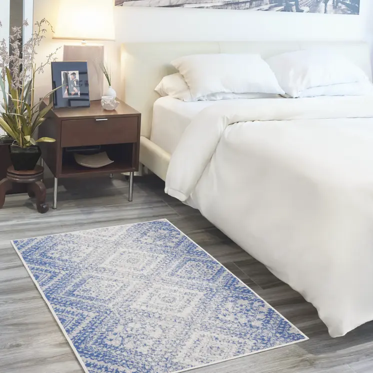 3' X 5' Blue and Ivory Geometric Distressed Area Rug