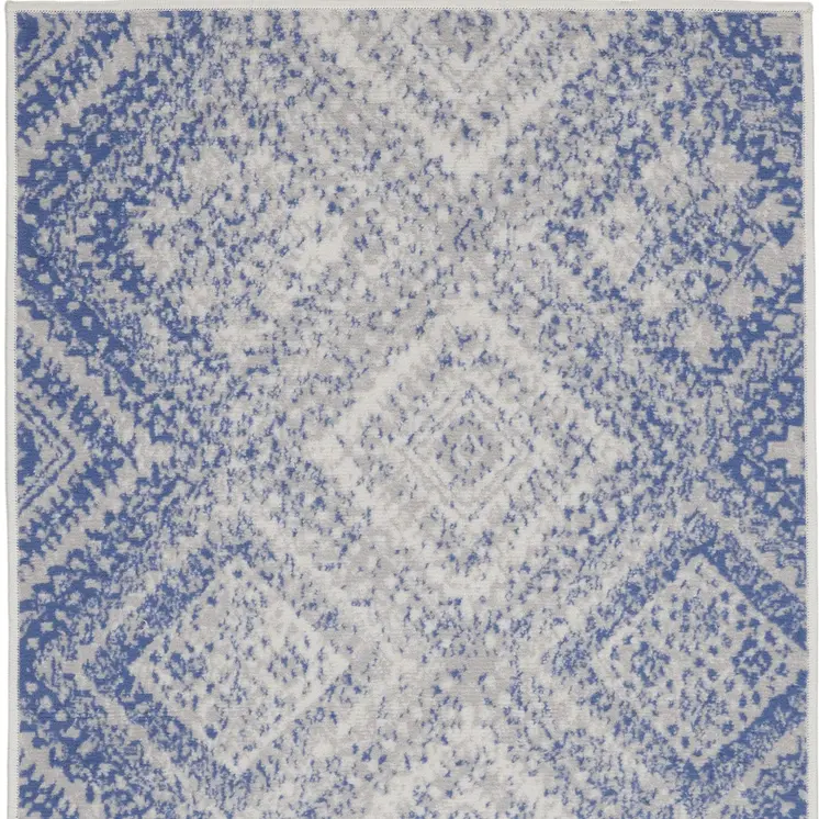 3' X 5' Blue and Ivory Geometric Distressed Area Rug