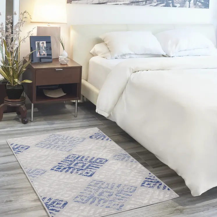 3' X 5' Beige Blue and Gray Geometric Area Rug