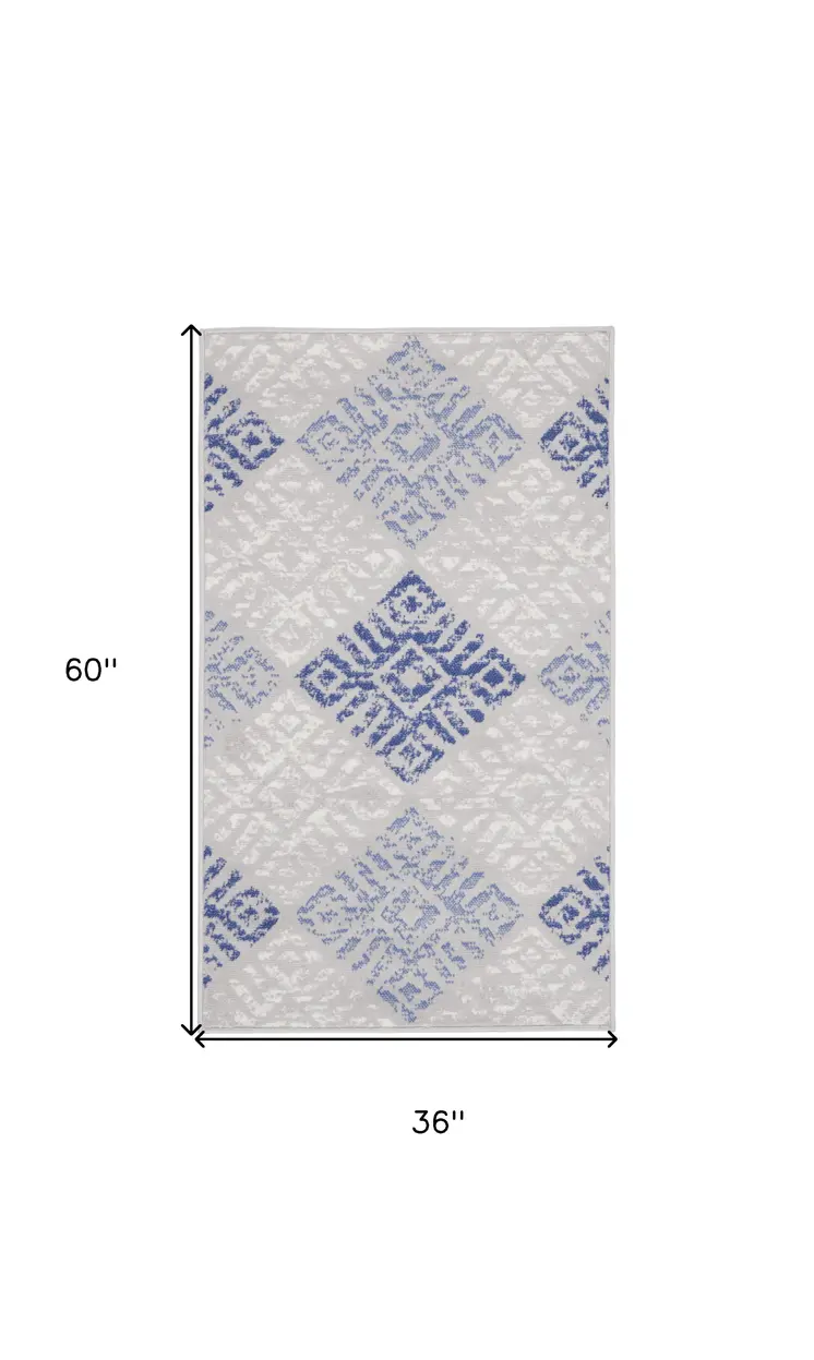 3' X 5' Beige Blue and Gray Geometric Area Rug