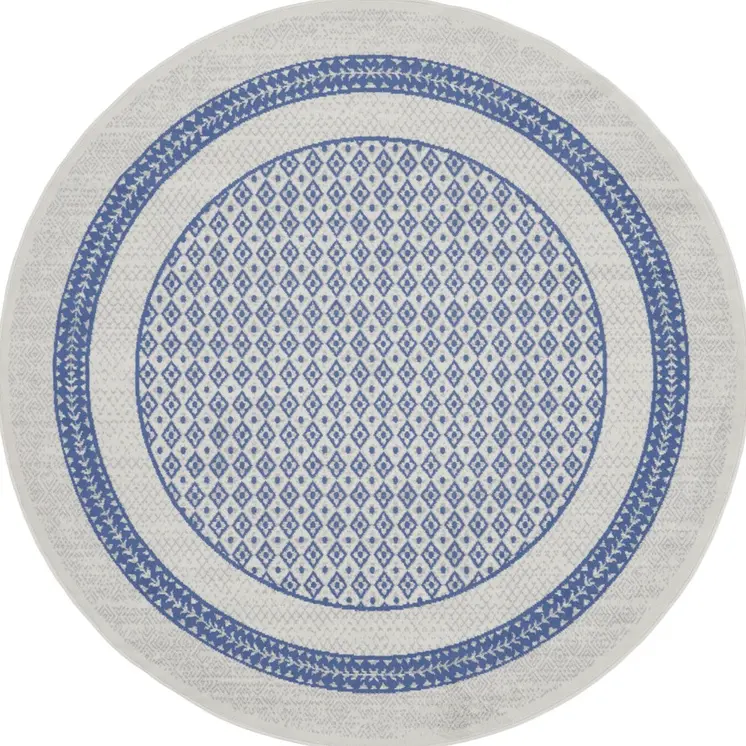 8' Ivory and Blue Geometric Distressed Round Rug