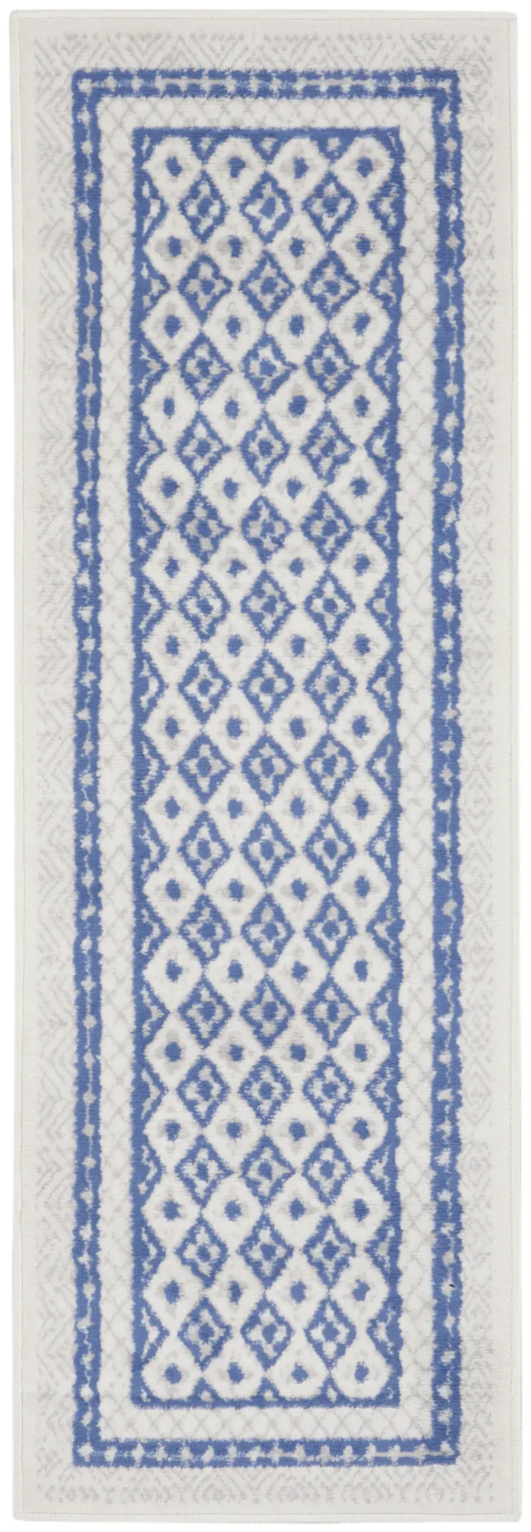 6' Ivory and Blue Geometric Distressed Runner Rug