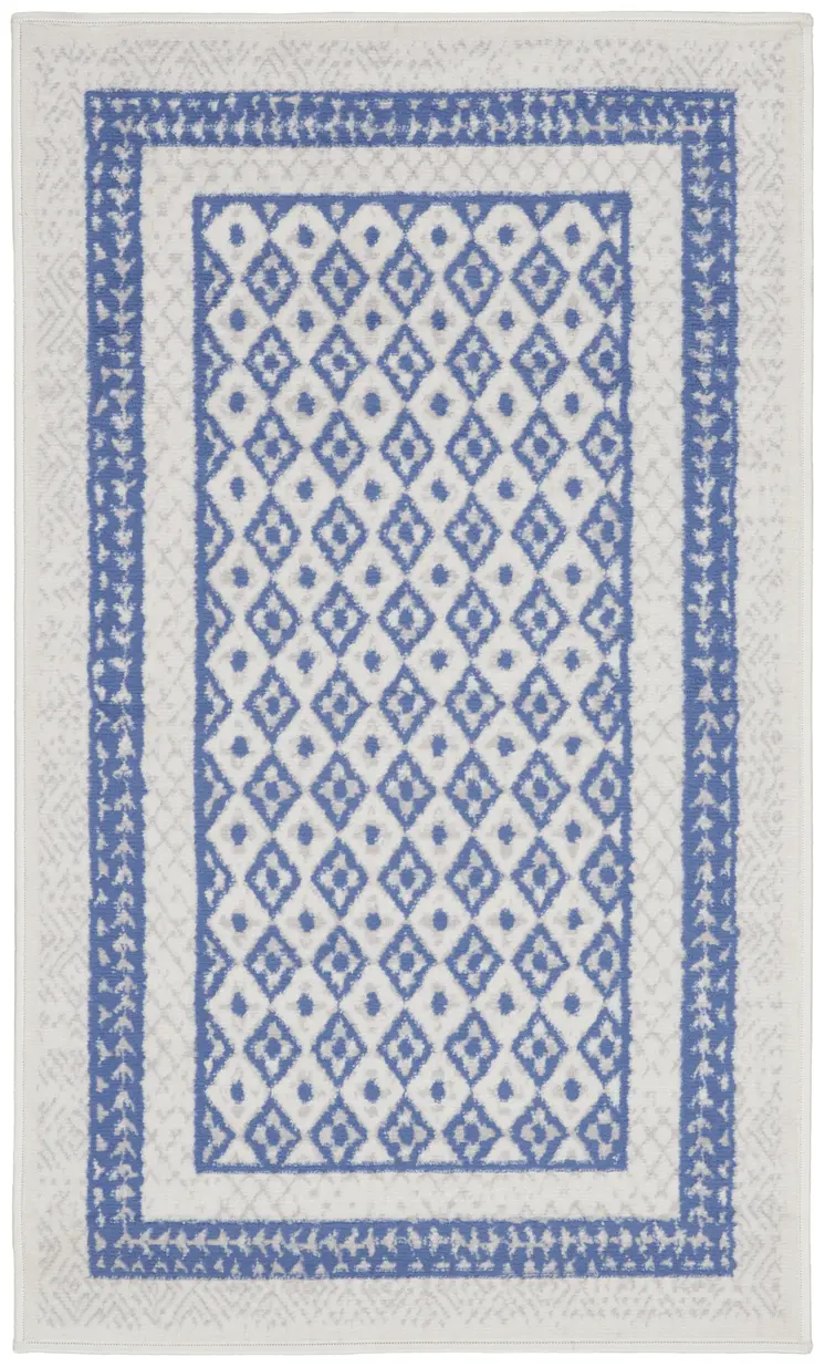 3' X 5' Ivory and Blue Geometric Distressed Area Rug