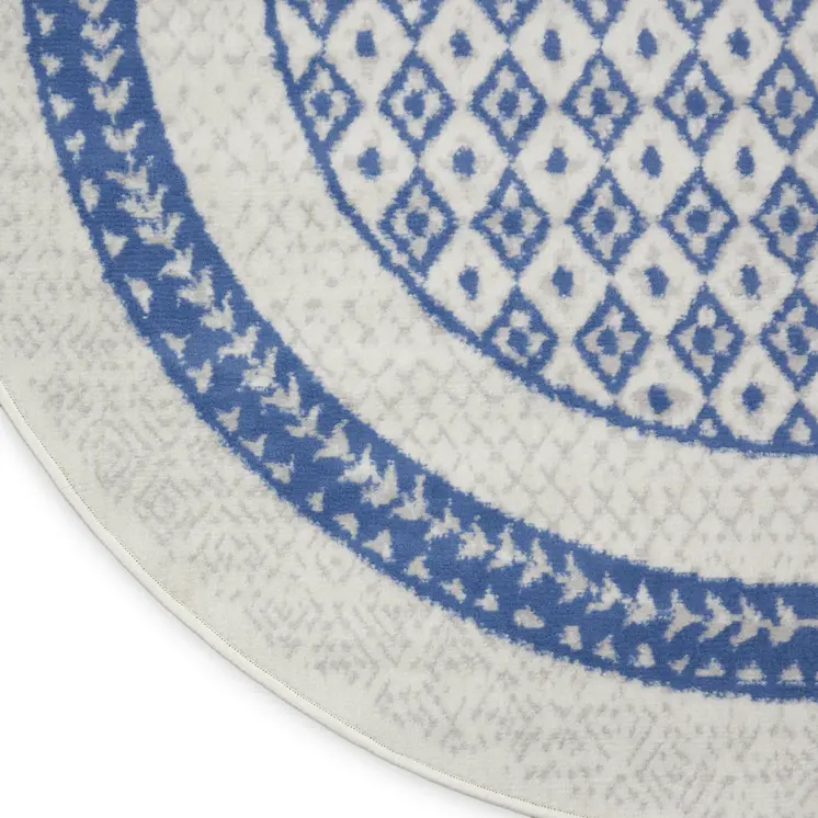 5' Ivory and Blue Geometric Distressed Round Rug