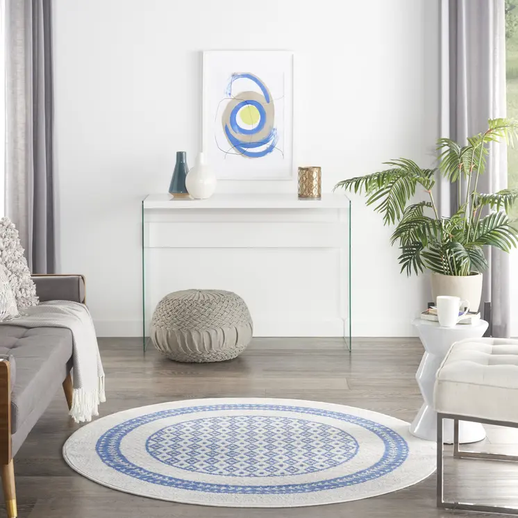 5' Ivory and Blue Geometric Distressed Round Rug