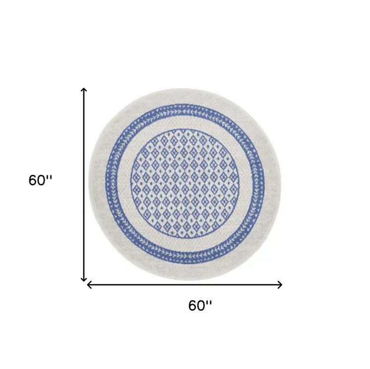 5' Ivory and Blue Geometric Distressed Round Rug