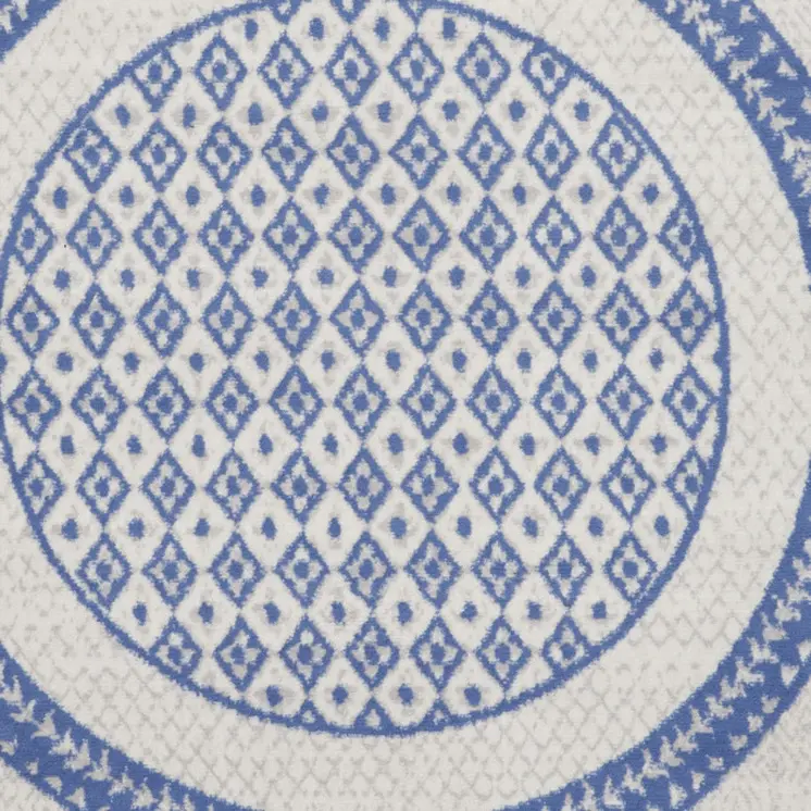 5' Ivory and Blue Geometric Distressed Round Rug