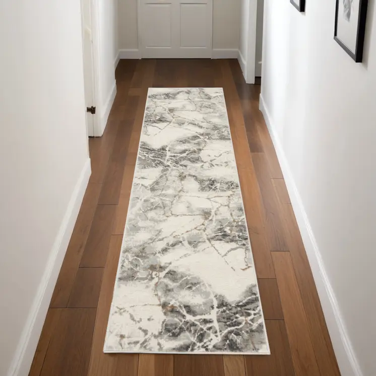 8' Ivory and Gray Abstract Non Skid Runner Rug