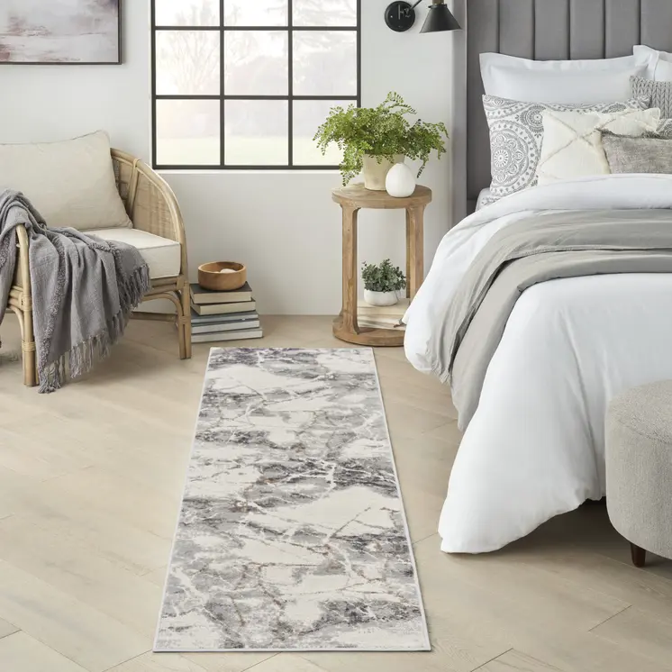 8' Ivory and Gray Abstract Non Skid Runner Rug