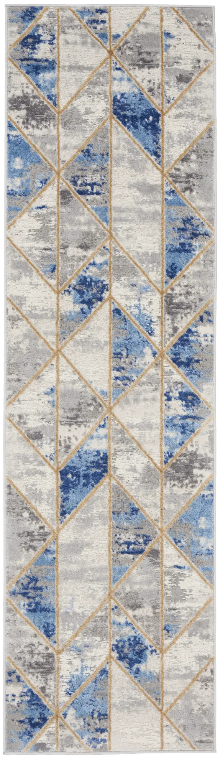 8' Ivory Blue and Gray Geometric Non Skid Runner Rug