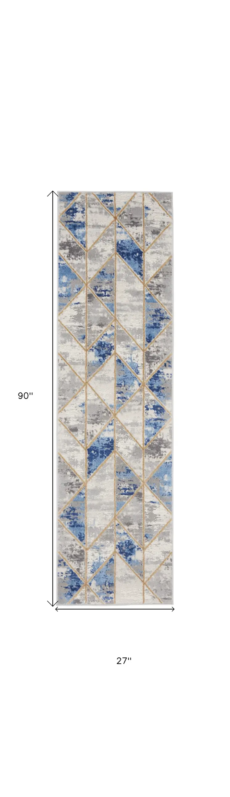 8' Ivory Blue and Gray Geometric Non Skid Runner Rug