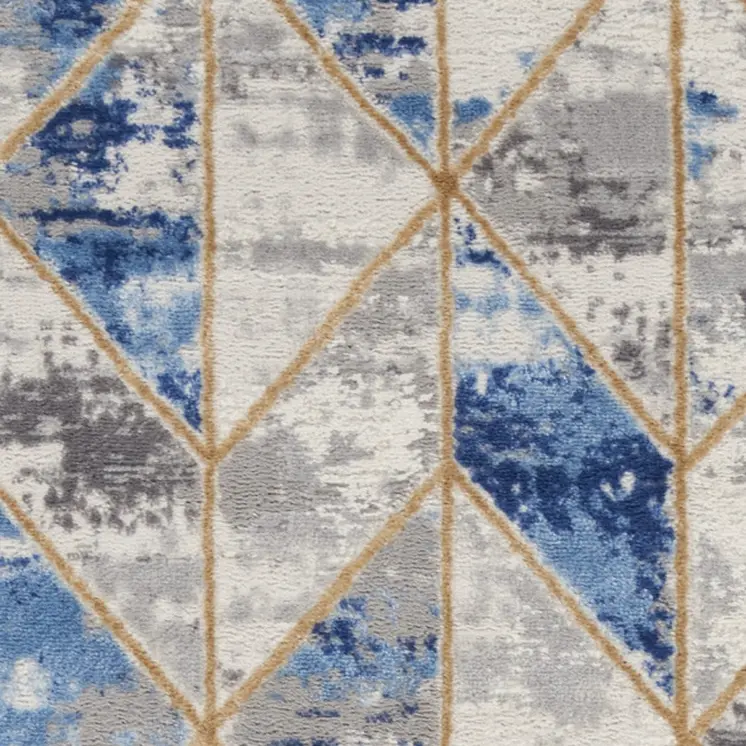 8' Ivory Blue and Gray Geometric Non Skid Runner Rug