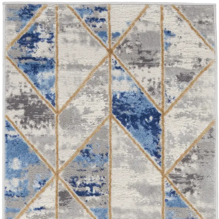 8' Ivory Blue and Gray Geometric Non Skid Runner Rug