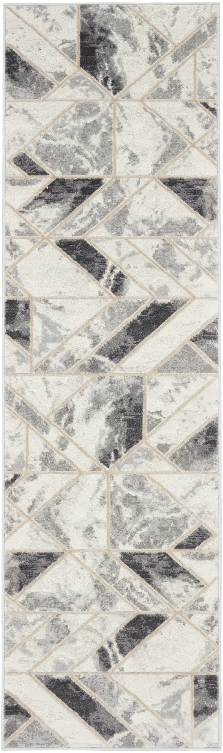8' Ivory Black and Gray Geometric Non Skid Runner Rug