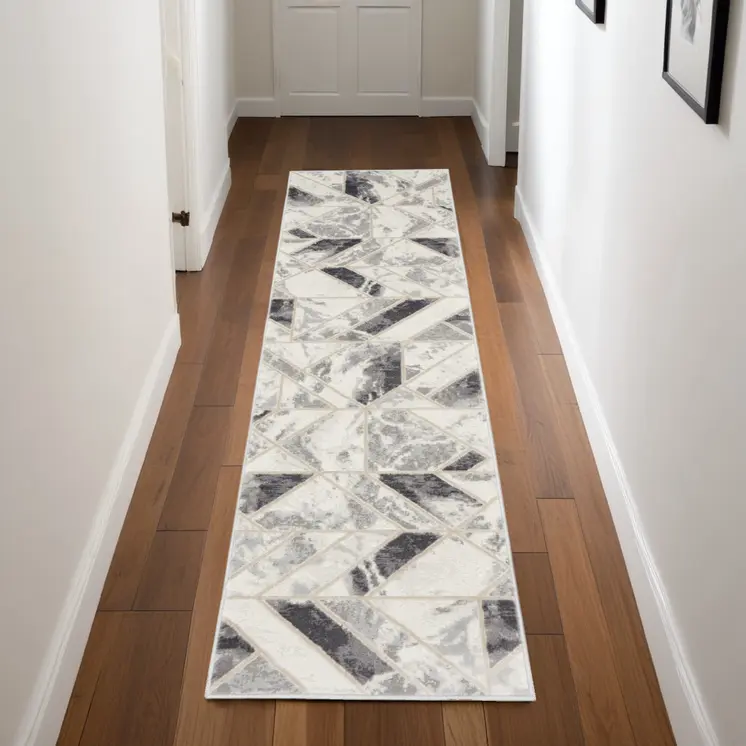 8' Ivory Black and Gray Geometric Non Skid Runner Rug