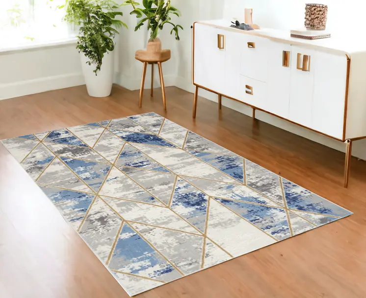 4' X 6' Ivory Blue and Gray Geometric Non Skid Area Rug