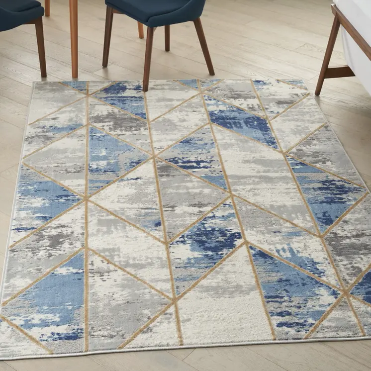 4' X 6' Ivory Blue and Gray Geometric Non Skid Area Rug