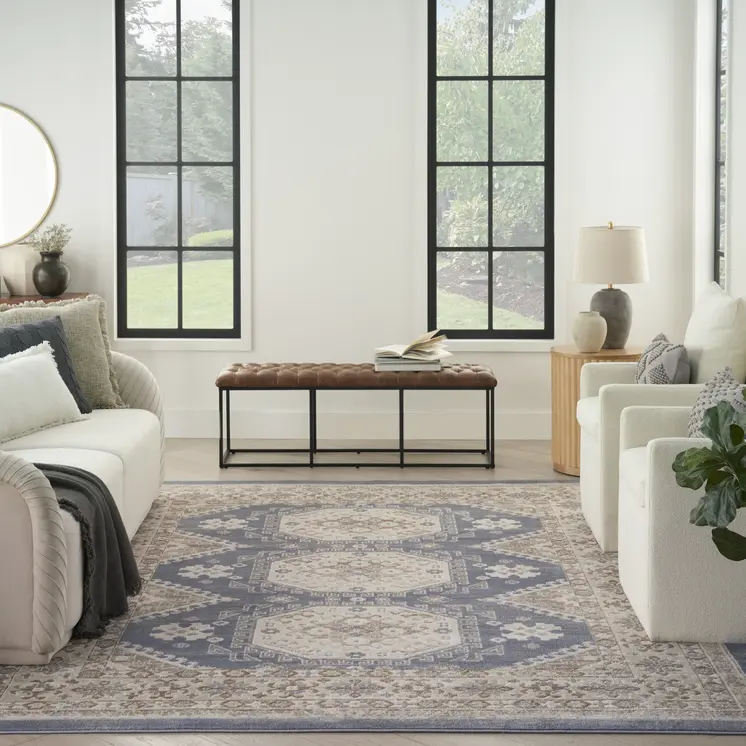 9' X 12' Blue Geometric Distressed Area Rug