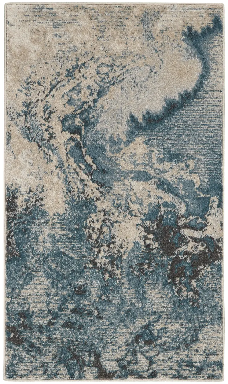 2' X 4' Ivory Teal Blue and Black Abstract Area Rug