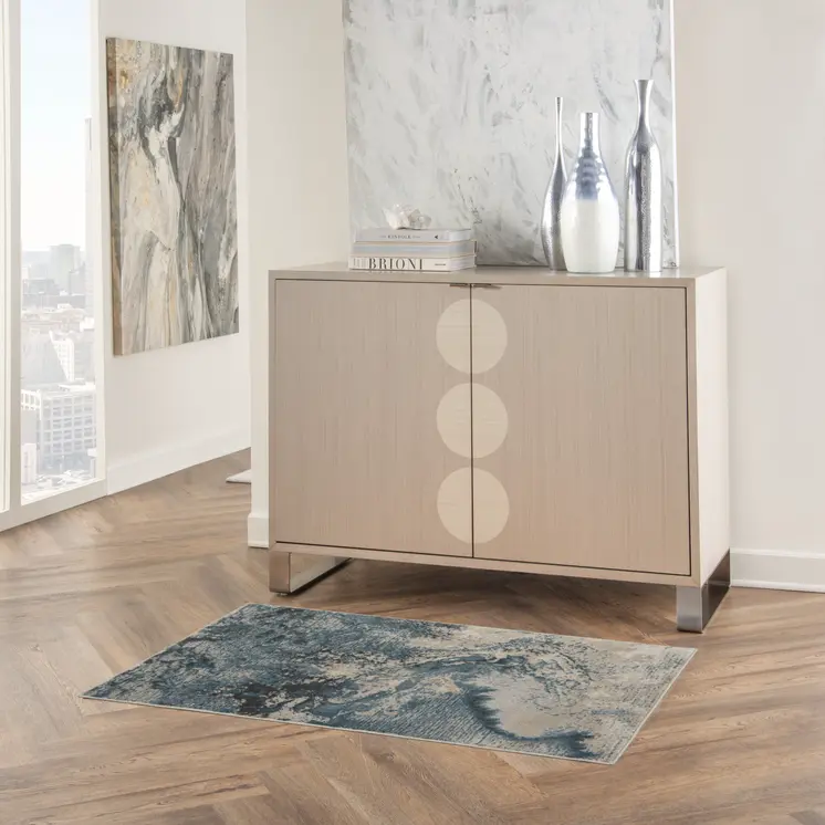 2' X 4' Ivory Teal Blue and Black Abstract Area Rug