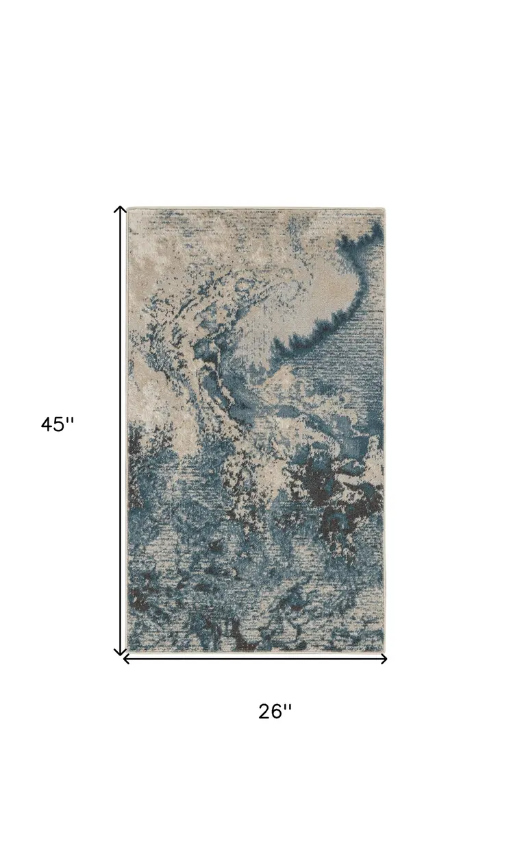 2' X 4' Ivory Teal Blue and Black Abstract Area Rug