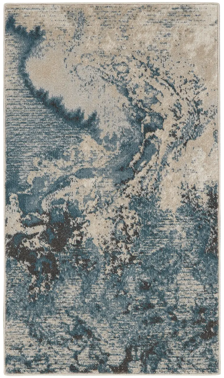 2' X 4' Ivory Teal Blue and Black Abstract Area Rug
