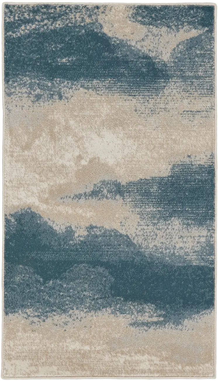 2' X 4' Ivory and Teal Blue Abstract Area Rug