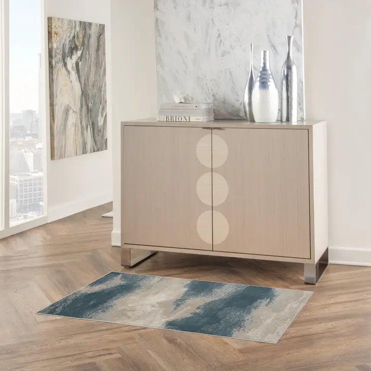 2' X 4' Ivory and Teal Blue Abstract Area Rug