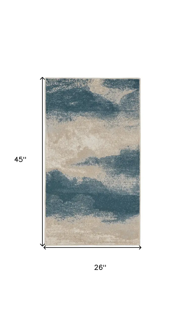 2' X 4' Ivory and Teal Blue Abstract Area Rug