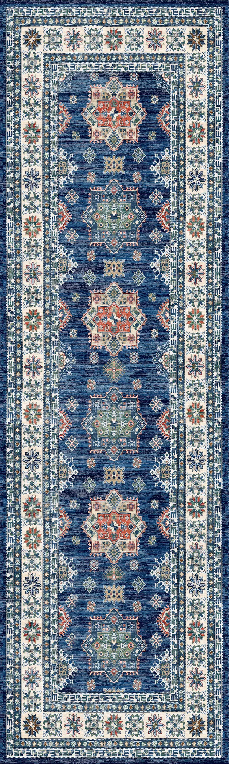 8' Ivory and Blue Oriental Distressed Non Skid Runner Rug