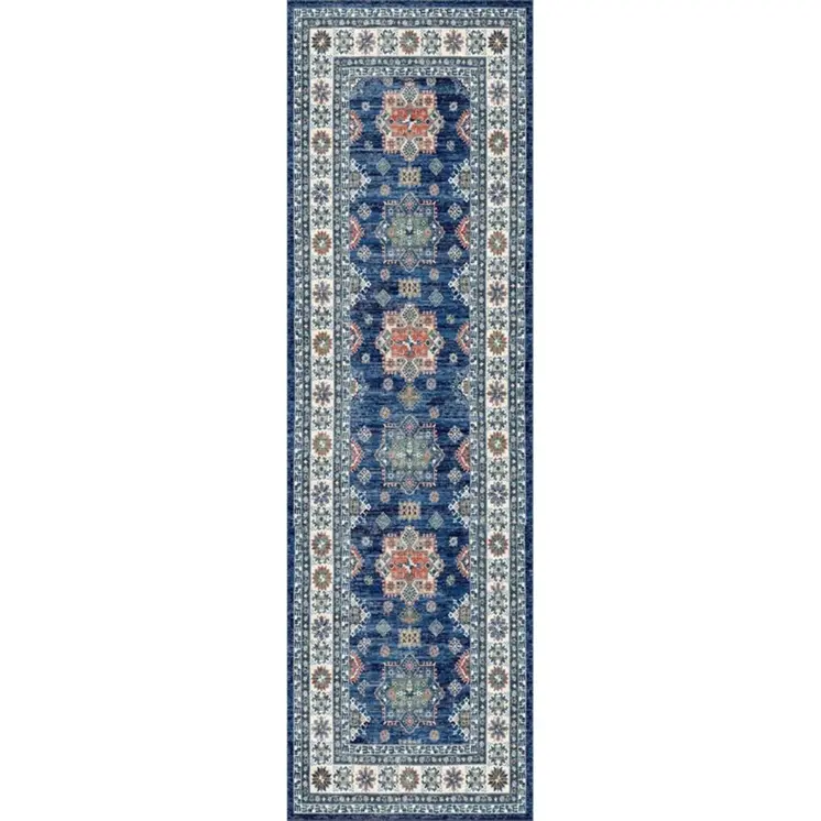 8' Ivory and Blue Oriental Distressed Non Skid Runner Rug